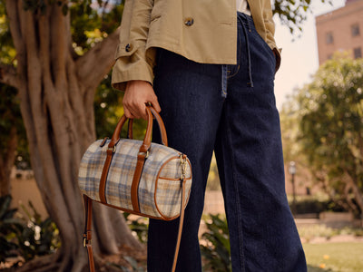 Time and Tru Women's Plaid Barrel Crossbody Bag, Cognac